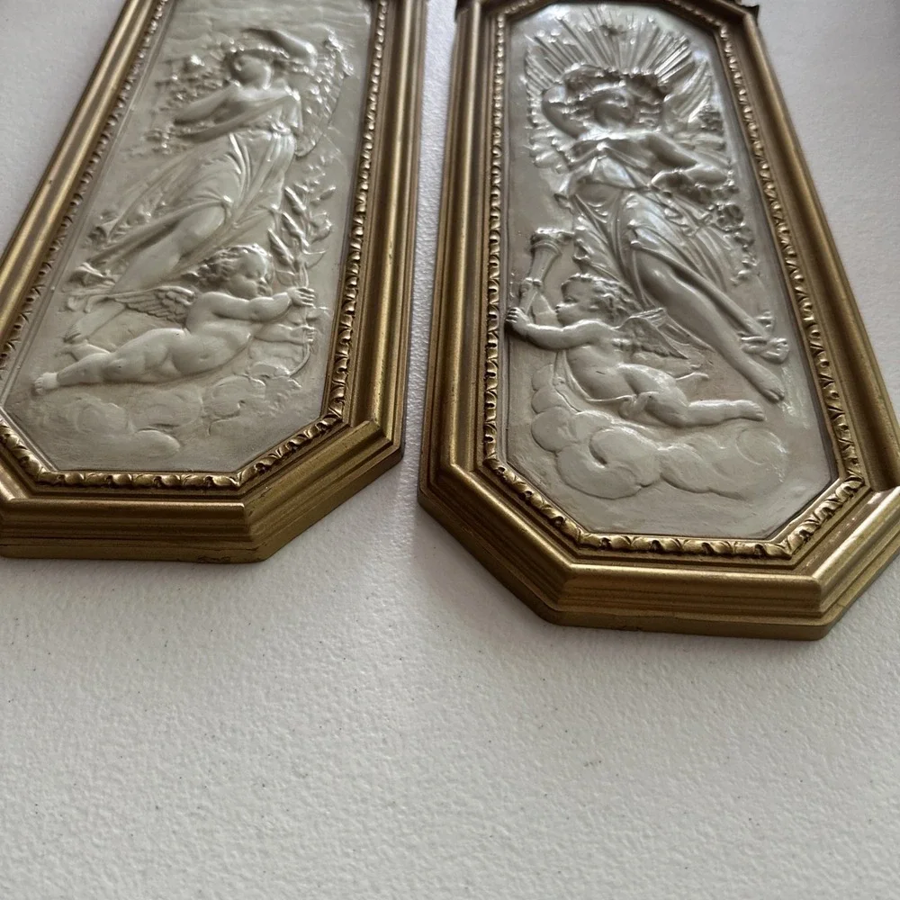 Vintage 1967 Homco Dart Industries Angel Cherub Wall Plaques 7058 7059 Pair USA
